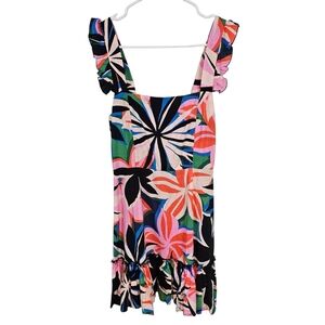 Mister Zimi Flutter Sleeve Zip-Up Mini Tropical Bold Print Ruffle Mini Dress